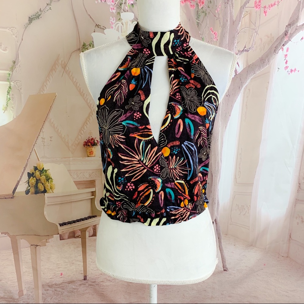 Free People Muti Color Floral Crop cutout Blouse